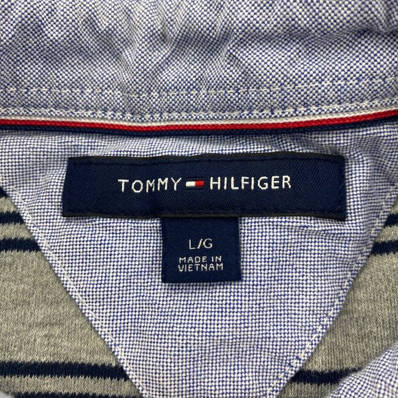 Tommy Hilfiger Polo Shirt Men Large L Gray Blue Striped Casual Golf Embroidered - Picture 3 of 8